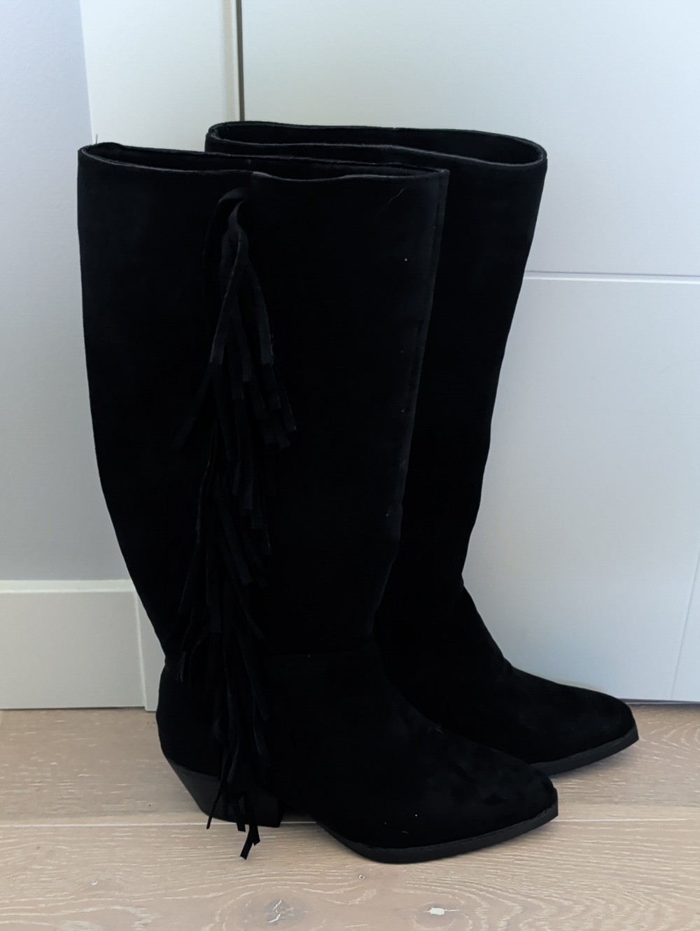 Black Suede Fringe Western Knee-High Boots - Women's